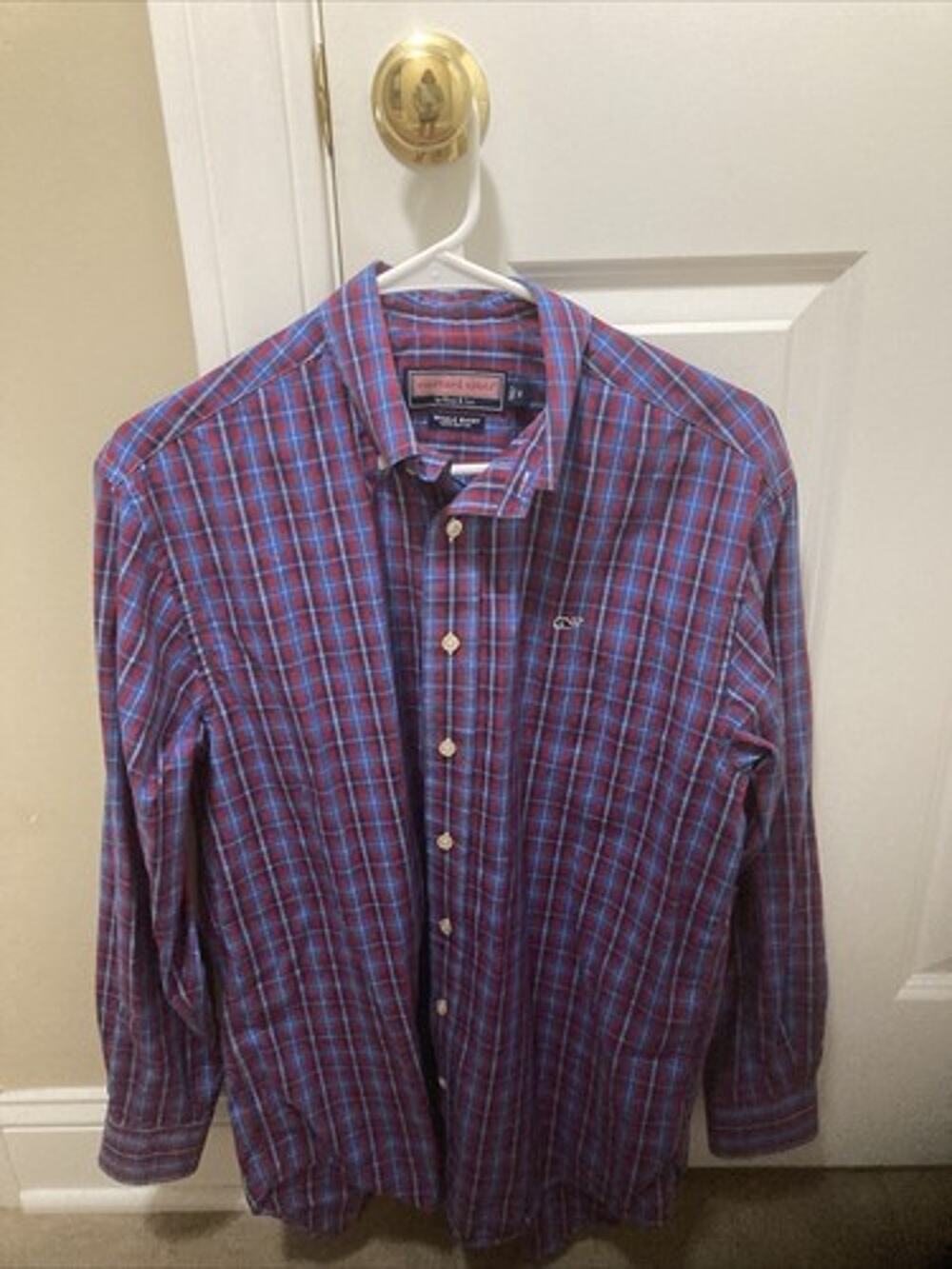Vineyard Vines Men’s Whale Shirt, Red /Blue Plaid Button Down, Size Small